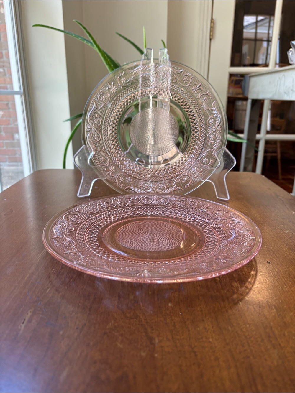 Vintage KIG Indonesia Pink Pressed Glass Plate In Fleur de Lis Trellis Pattern